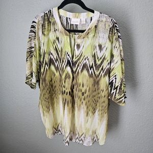 Chico's Green Animal Print Short Sleeve Sheer Tunic Blouse Size 3